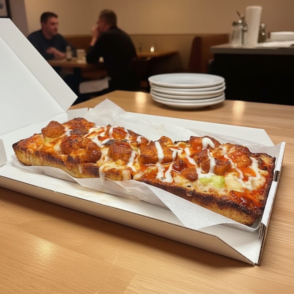 A rectangular buffalo chicken pizza in a box on a table, with diners in the background.