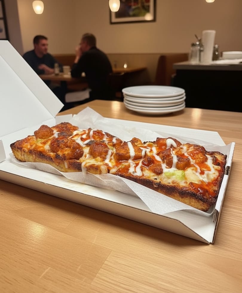A rectangular buffalo chicken pizza in a box on a table, with diners in the background.