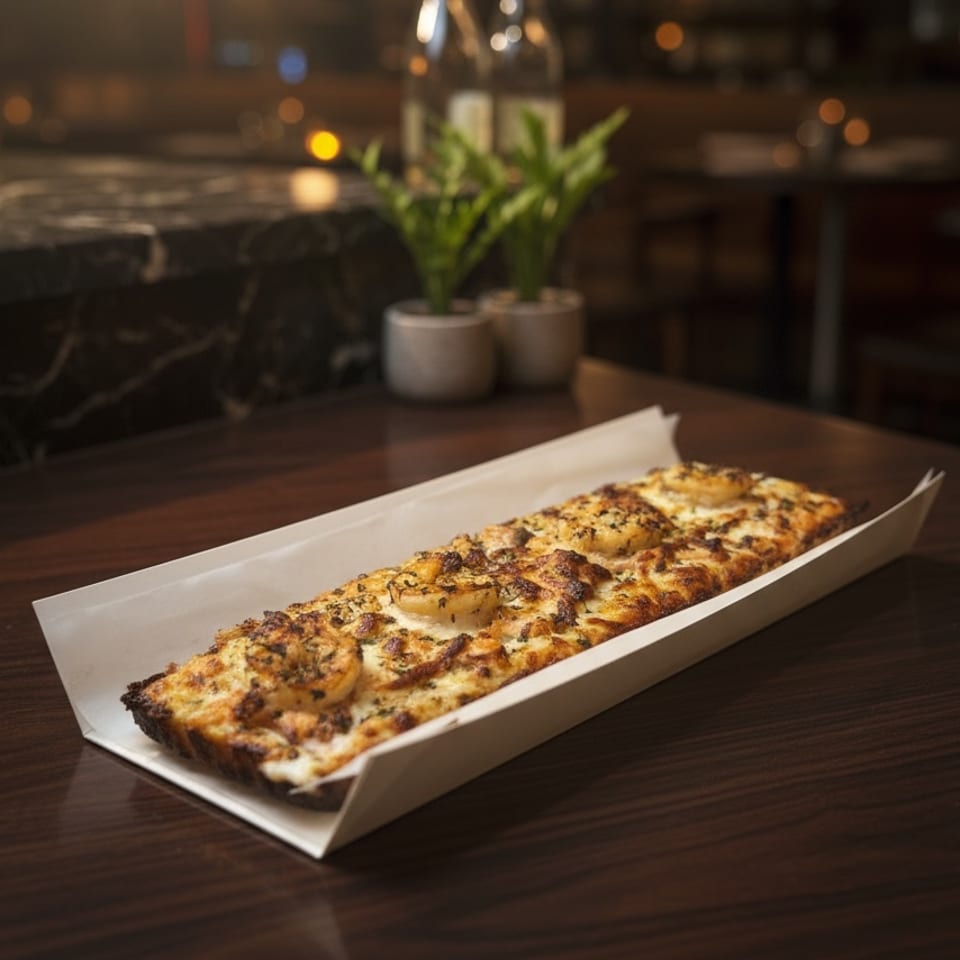 A rectangular shrimp pizza, topped with cheese and herbs, sits on a dark wooden table.