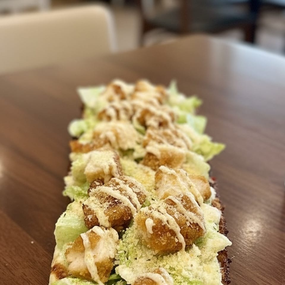 Long flatbread pizza topped with lettuce, fried chicken, Parmesan, and white sauce at Not Your Average Pizza.
