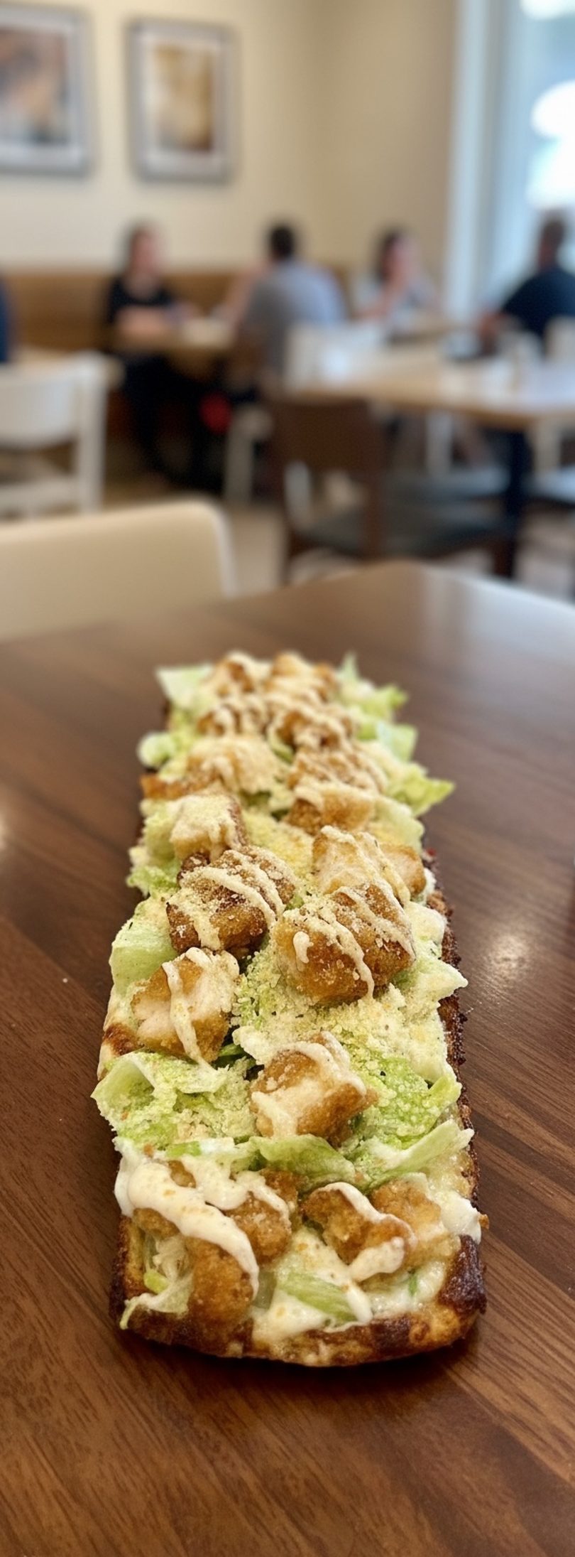 Long flatbread pizza topped with lettuce, fried chicken, Parmesan, and white sauce at Not Your Average Pizza.