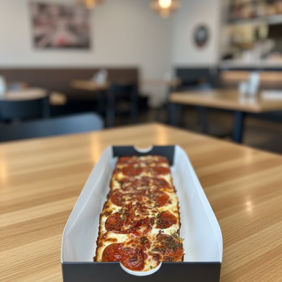 A rectangular pepperoni pizza in a black and white box sits on a wooden table in a restaurant.