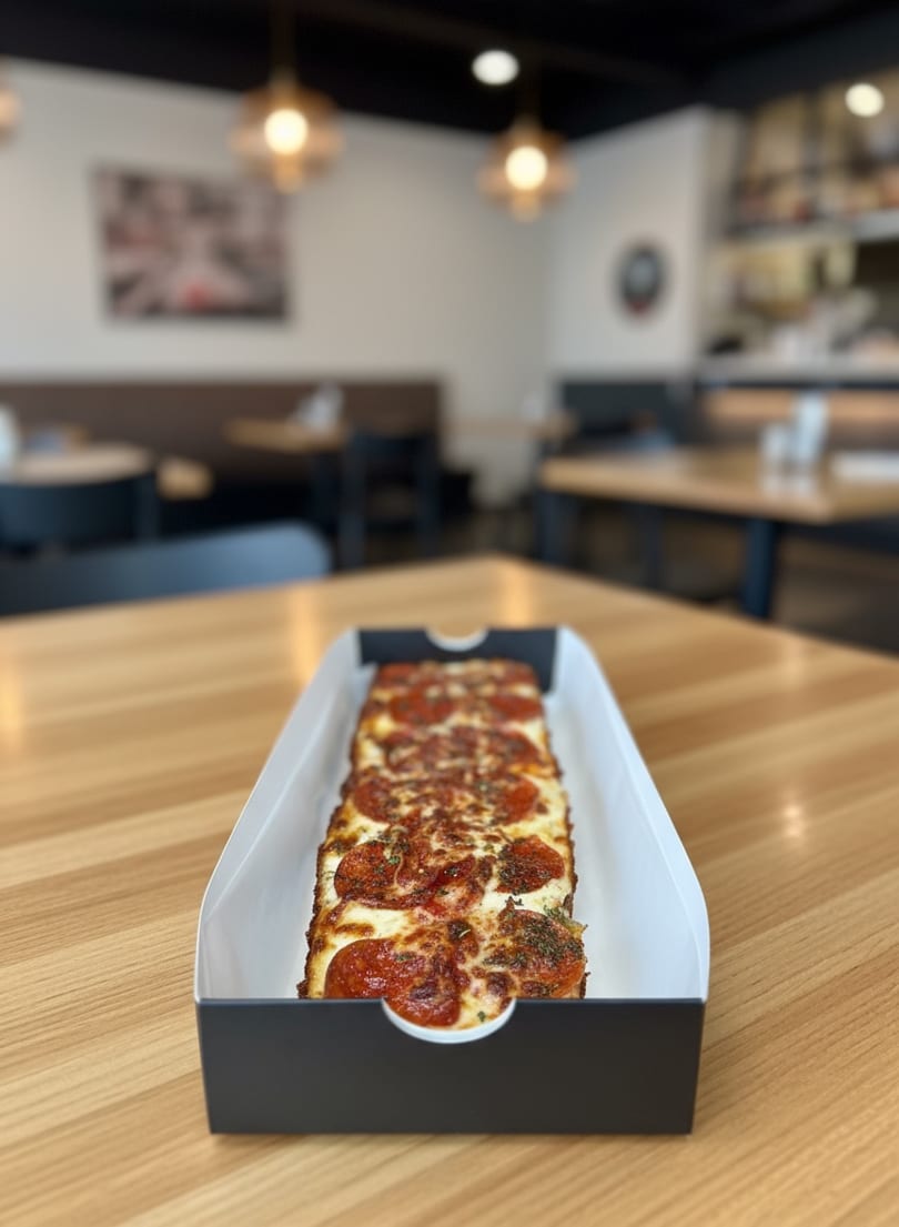 A rectangular pepperoni pizza in a black and white box sits on a wooden table in a restaurant.