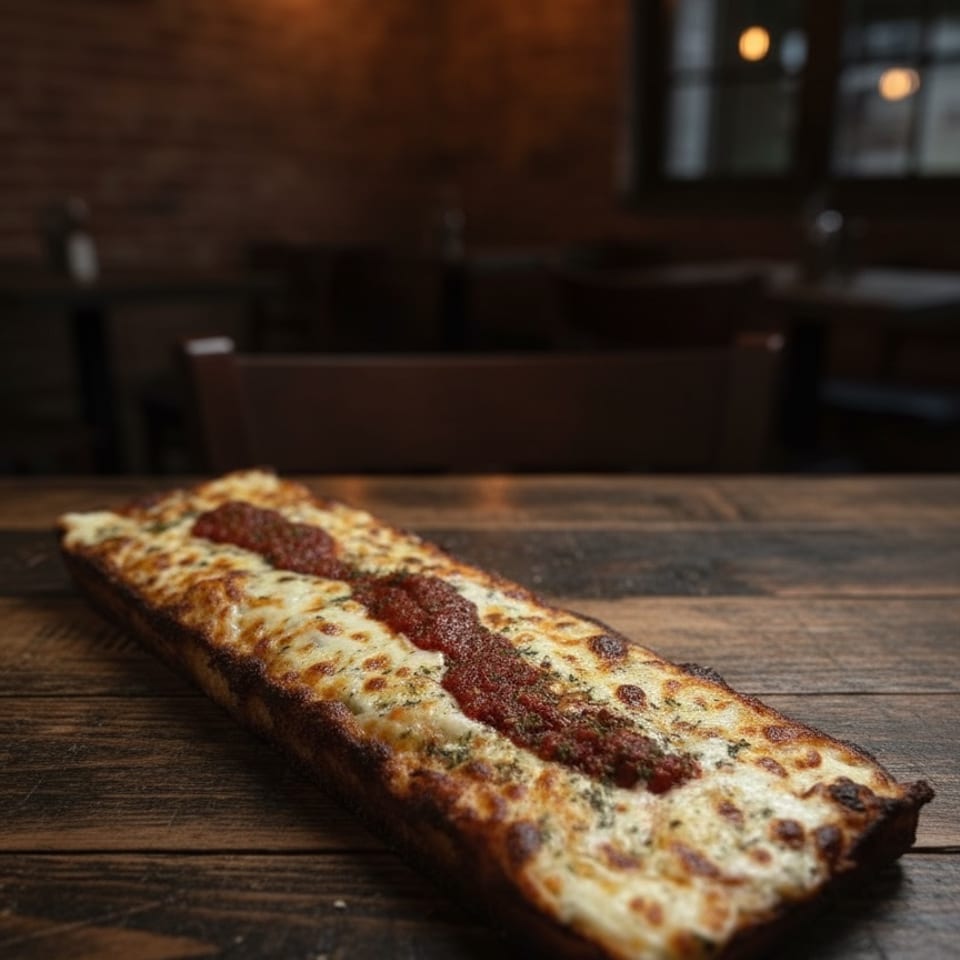 Long rectangular pizza with melted cheese and a stripe of red sauce on a wooden table.